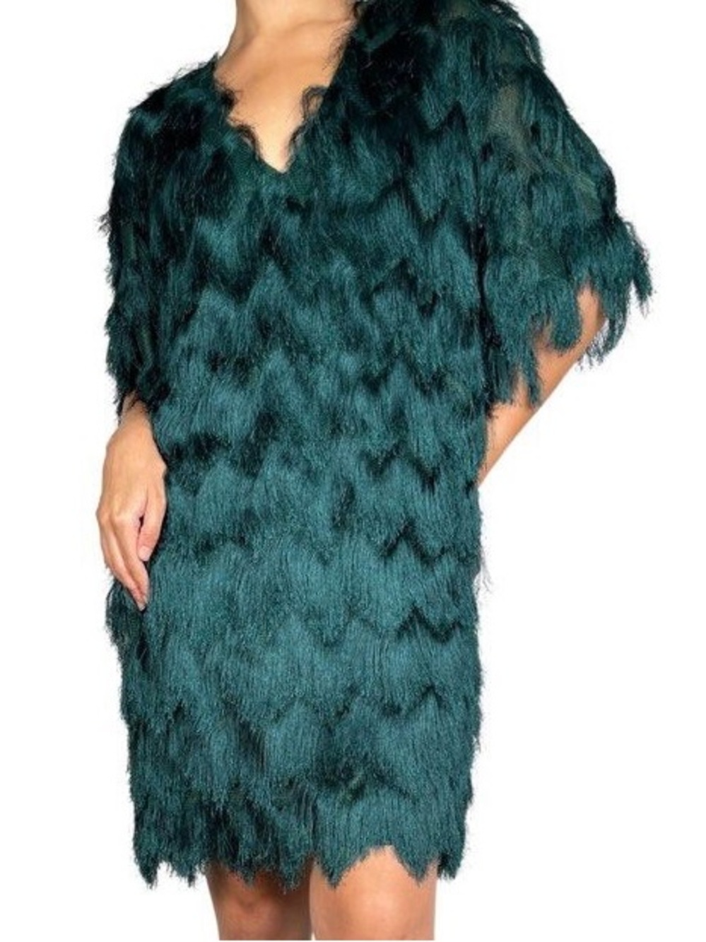 Teal Fringe V-Neck Party Dress